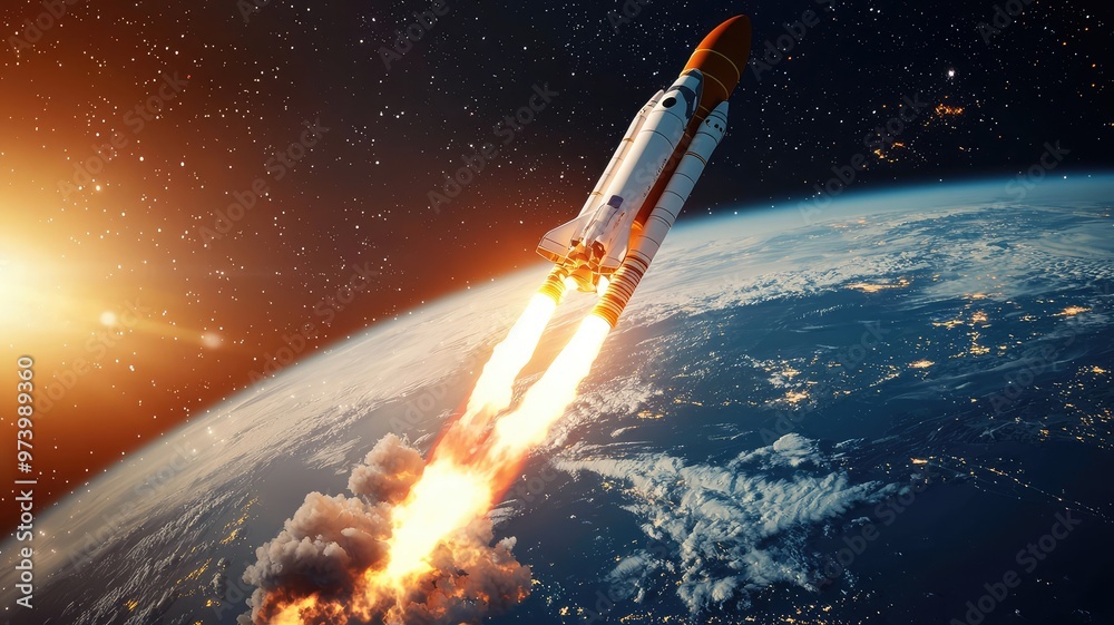 Obraz premium A stunning rocket launches into space, igniting the sky with powerful flames, symbolizing exploration and innovation beyond Earth.