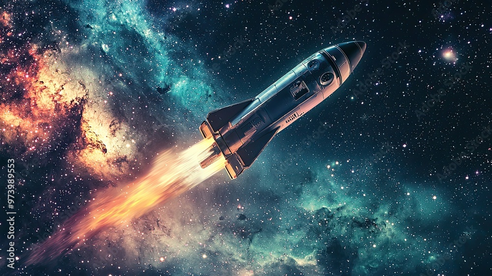 A stunning rocket launching into the vast universe, showcasing vibrant colors and cosmic beauty in the deep space. A stunning rocket launching into the vast universe, showcasing vibrant colors and cosmic beauty in the deep space.