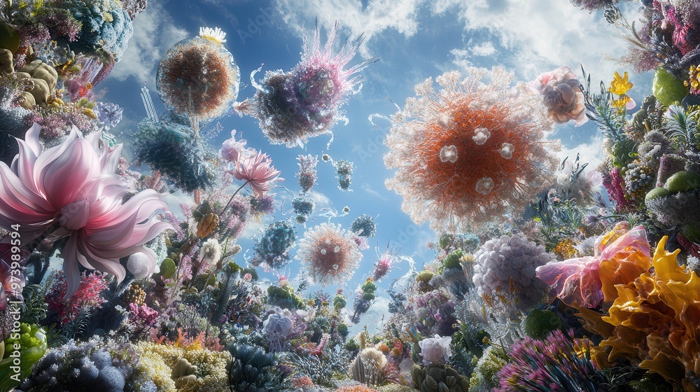 Naklejka premium A vibrant underwater scene filled with colorful coral, unique marine flora, and a bright blue sky enhancing the beauty of ocean life.