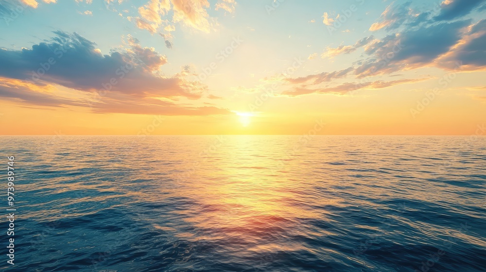 Fototapeta premium A stunning sunset over a calm ocean, with vibrant colors reflecting on the water. Perfect for nature and travel themes.