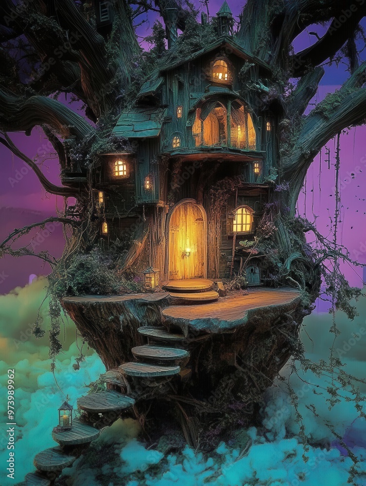 Obraz premium A whimsical treehouse with warm lights nestled among branches, evoking a sense of magic and adventure in a dreamy landscape.