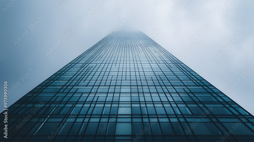 A stunning view of a modern skyscraper reaching into the foggy sky, showcasing contemporary architecture and urban elegance. A stunning view of a modern skyscraper reaching into the foggy sky, showcasing contemporary architecture and urban elegance.