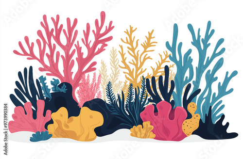 Background with sea bottom, corals, reef, seaweed. Vector abstract illustration of underwater landscape in cartoon style photo