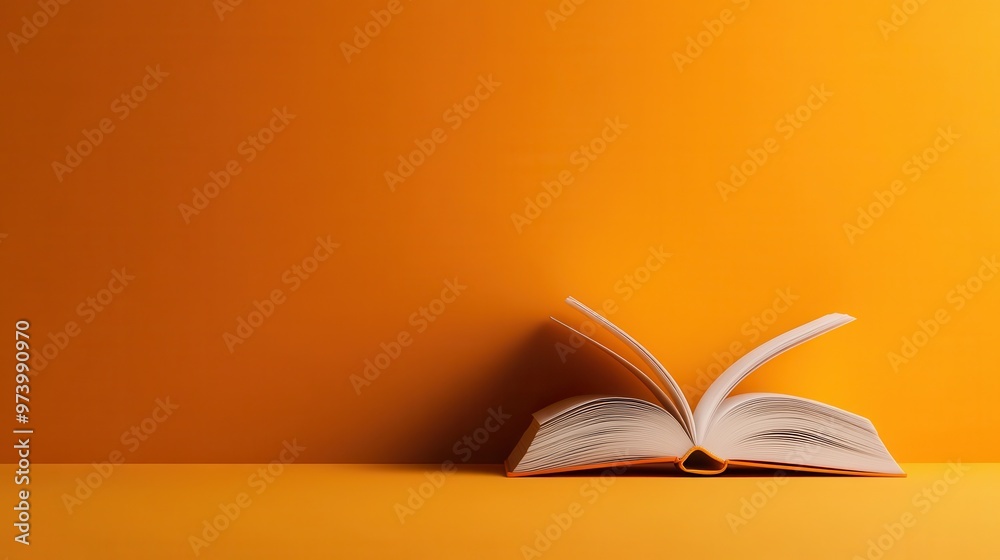 An open book resting on a vibrant orange background, symbolizing knowledge and creativity in a minimalist setting. An open book resting on a vibrant orange background, symbolizing knowledge and creativity in a minimalist setting.
