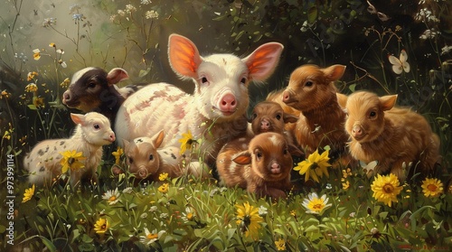 Baby Farm Animals, Oil Painting Illustration, Farm Art, Natural Landscapes, Farmhouse Decor, 300DPI	