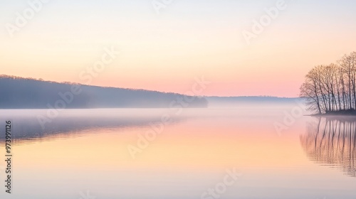 Soft pastel colors fill the sky at sunrise, with the calm waters of a lake perfectly reflecting the peaceful morning scene