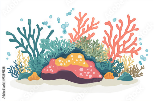 Background with sea bottom, corals, reef, seaweed. Vector abstract illustration of underwater landscape in cartoon style photo