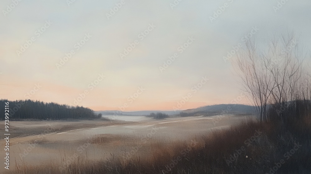 The sky dims with soft, muted colors just before dusk, the fading light casting a gentle glow on a peaceful, quiet landscape. The sky dims with soft, muted colors just before dusk, the fading light casting a gentle glow on a peaceful, quiet landscape.