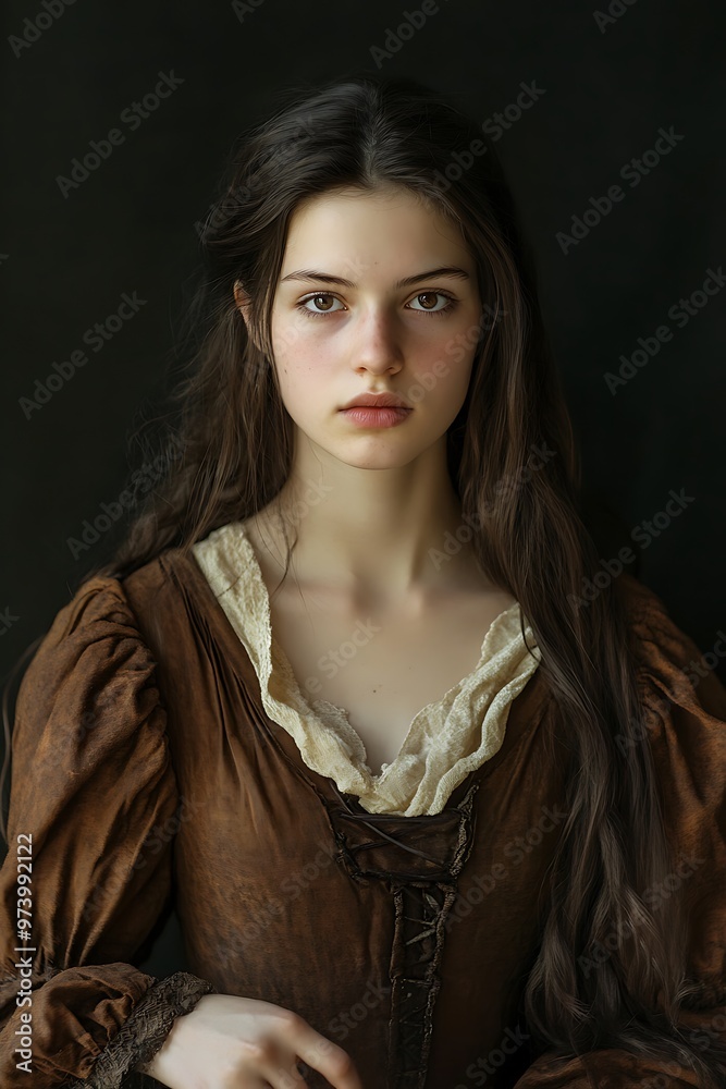 A young woman with long brown hair and brown eyes, dressed in a brown and white dress, looks directly at the camera. A young woman with long brown hair and brown eyes, dressed in a brown and white dress, looks directly at the camera.