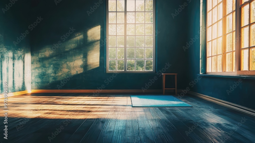 A tranquil yoga space with natural light streaming through large windows, perfect for relaxation and meditation. A tranquil yoga space with natural light streaming through large windows, perfect for relaxation and meditation.