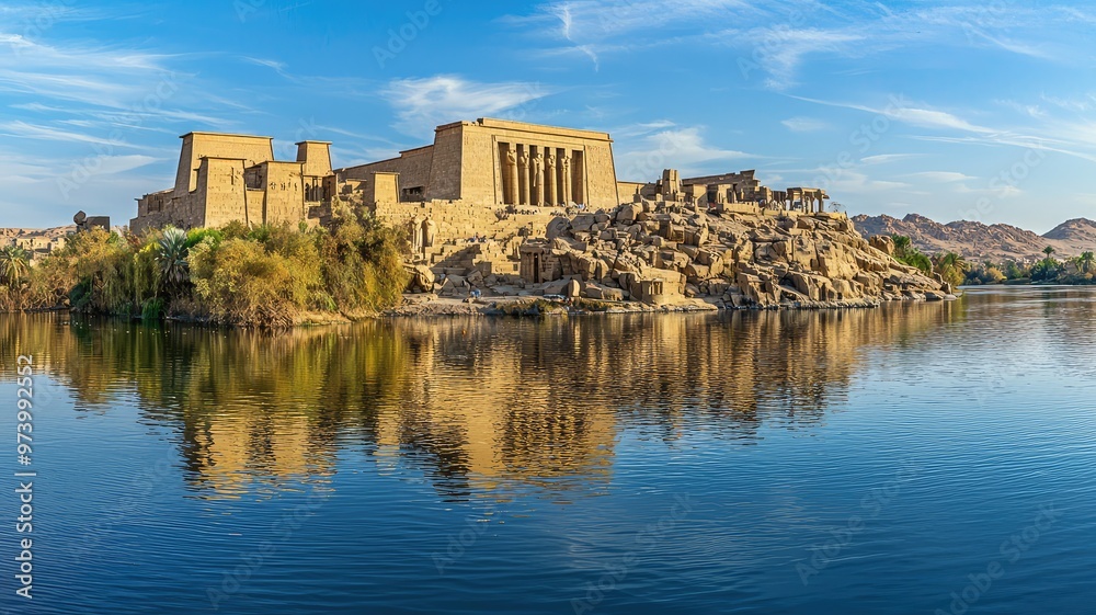 Fototapeta premium A tranquil view of an ancient temple beside a calm river, reflecting beautiful blue skies and surrounding nature.