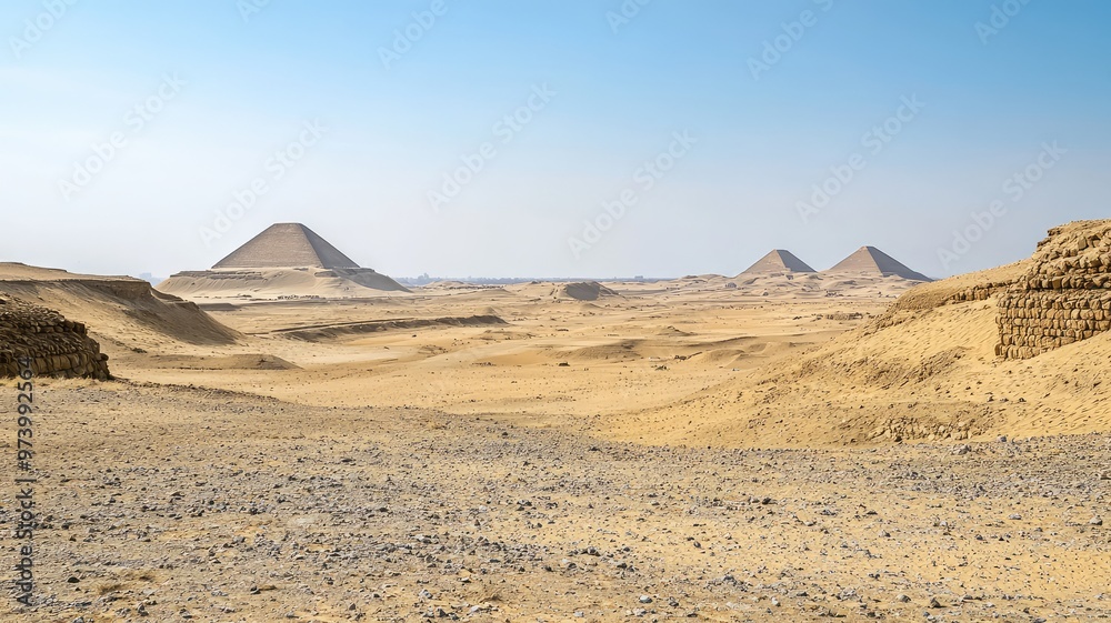 A vast desert landscape with ancient pyramids in the distance under a clear blue sky, showcasing the beauty of nature and history.