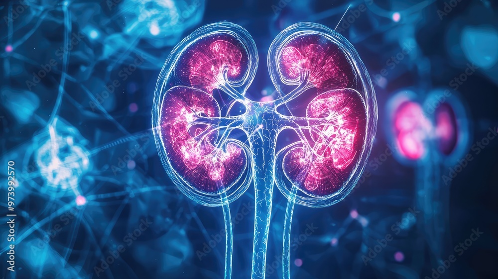 A vibrant and detailed illustration of a human kidney, showcasing its anatomical structure and biological functions in vibrant colors.