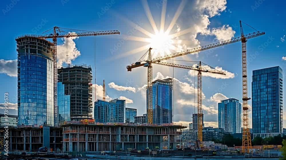 A construction site with cranes and buildings under a bright sky. A construction site with cranes and buildings under a bright sky.