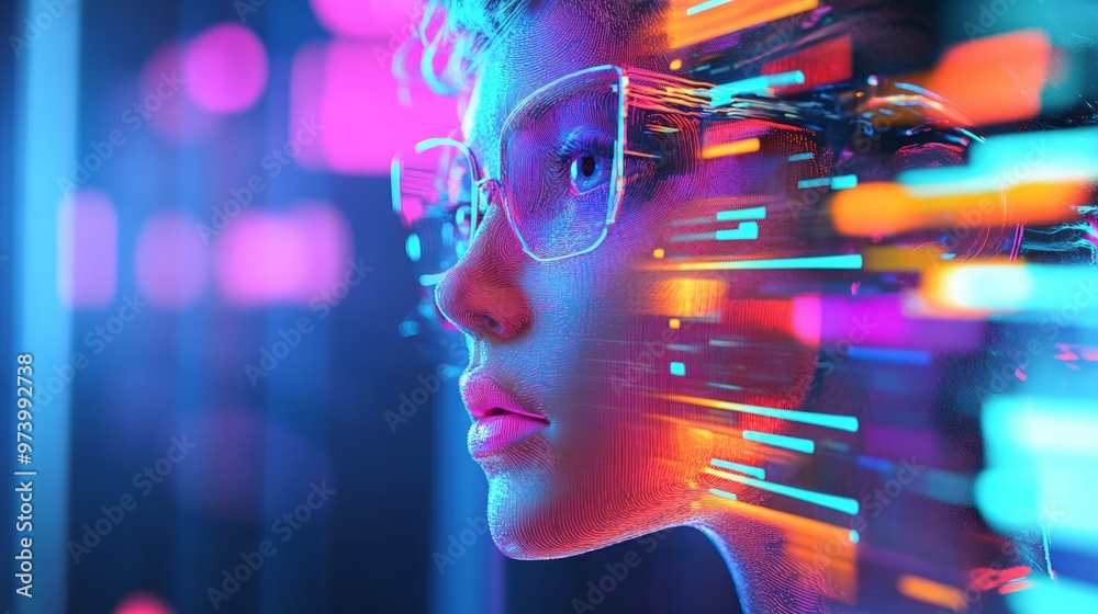A vibrant AI-generated portrait of a person with neon-colored hair and a playful expression, set against a dark, futuristic background. A vibrant AI-generated portrait of a person with neon-colored hair and a playful expression, set against a dark, futuristic background.