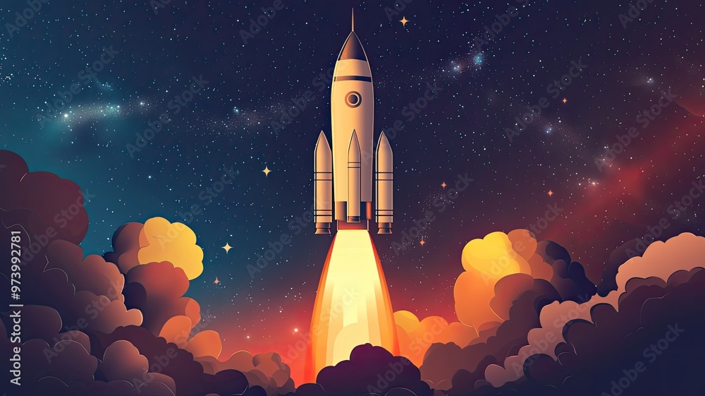 Obraz premium A vibrant illustration of a rocket launching into space, surrounded by colorful clouds and a mesmerizing cosmic backdrop.