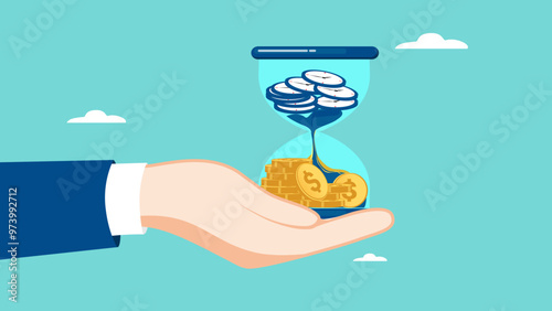 time is money, saving money for long term investment, Growth Earning From Compound Interest, salary growth or wage increase, businessman hand holding hourglass with clock falling to money