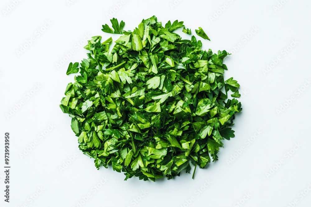 Fototapeta premium Freshly chopped parsley arranged in a circular pile, ideal for culinary use and food presentation.