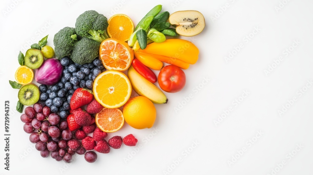 Fresh Fruits & Veggies on White, Colorful Natural Display Fresh Fruits & Veggies on White, Colorful Natural Display