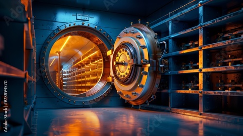 Wallpaper Mural a deserted bank vault with its door wide open, surreal lighting illuminating empty shelves and dusty floors, representing a financial downfall Torontodigital.ca