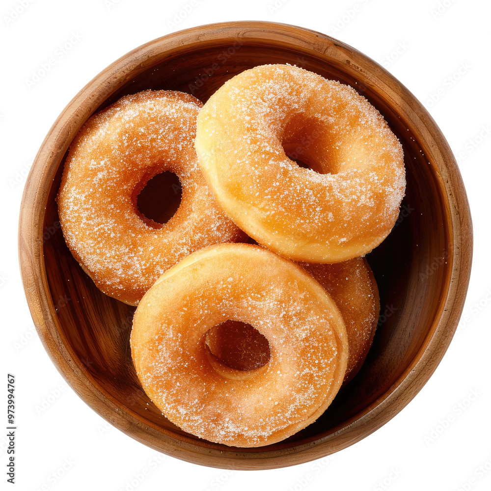 sugar rings donut with wooden bowl top view isolated on transparent white background, clipping path sugar rings donut with wooden bowl top view isolated on transparent white background, clipping path