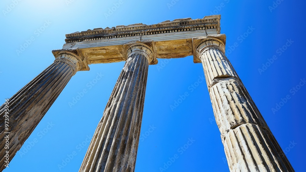 Naklejka premium Ancient columns rise against a clear blue sky, showcasing classical architecture and historical elegance in a stunning perspective.