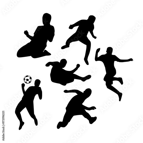 Set of black silhouette football player in different poses