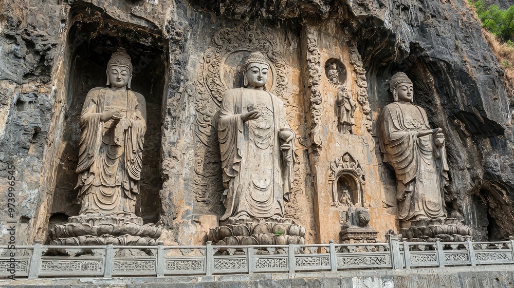 Ancient stone statues of Buddhas carved into a rocky cliff, showcasing intricate designs and serene expressions. A mesmerizing sight. Ancient stone statues of Buddhas carved into a rocky cliff, showcasing intricate designs and serene expressions. A mesmerizing sight.
