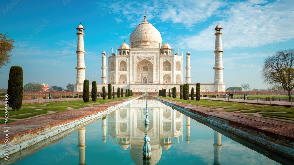Fototapeta premium Beautiful view of the Taj Mahal reflecting in the water, surrounded by lush gardens under a clear blue sky.