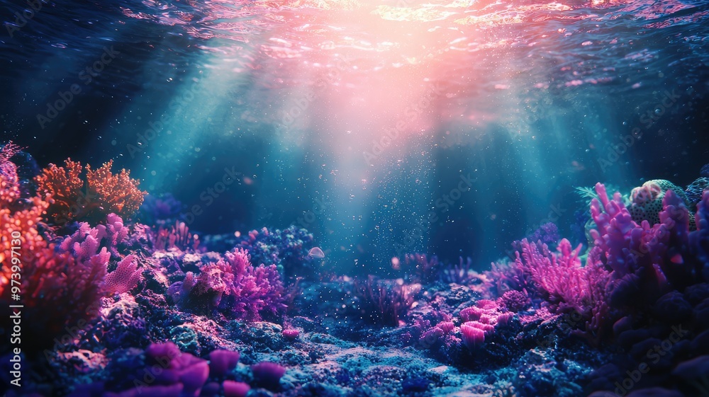 Beneath the waves, vibrant coral reefs thrive in a serene underwater landscape, illuminated by gentle sunlight beams. Beneath the waves, vibrant coral reefs thrive in a serene underwater landscape, illuminated by gentle sunlight beams.