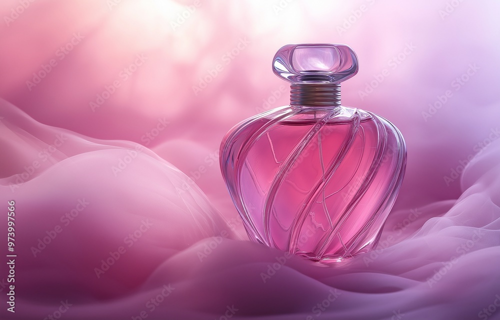 Elegant perfume container made of glass or crystal with a pink-purple background of smoke waves Elegant perfume container made of glass or crystal with a pink-purple background of smoke waves