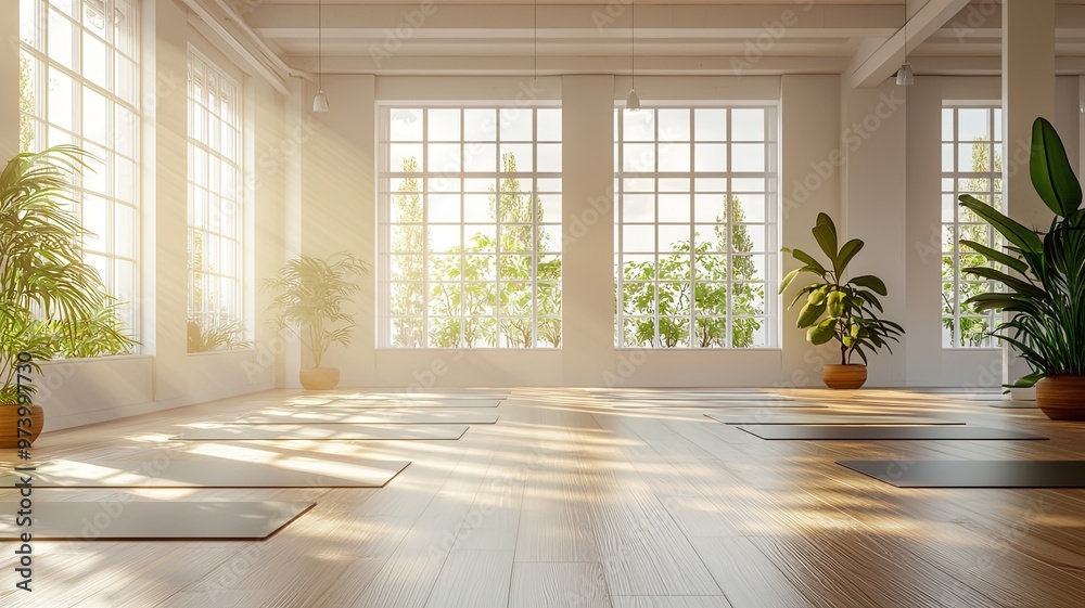 Fototapeta premium Bright and serene yoga studio with natural light, wooden floor, and green plants, perfect for meditation and relaxation activities.
