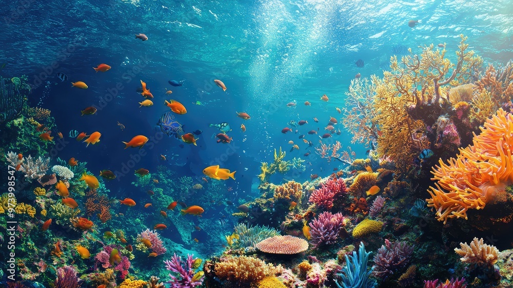 Naklejka premium Colorful coral reef underwater scene teeming with diverse fish and vibrant marine life, showcasing the beauty of ocean ecosystems.
