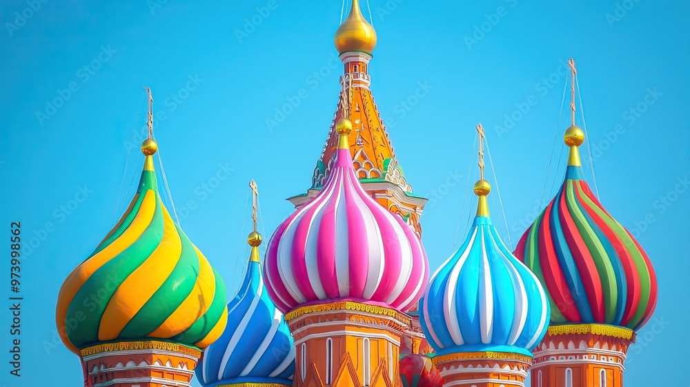 Colorful domes of a famous landmark against a clear blue sky, showcasing vibrant architecture and cultural heritage. Colorful domes of a famous landmark against a clear blue sky, showcasing vibrant architecture and cultural heritage.