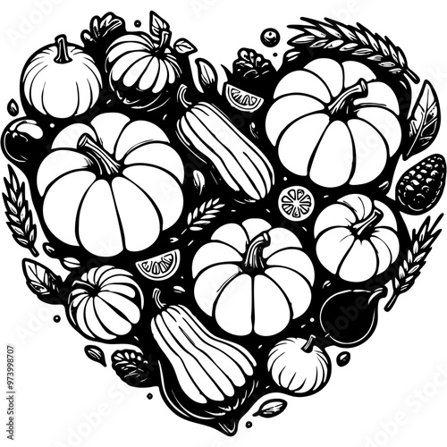 Fresh vegetables fruits and pumpkin laid out in shape of a heart in monochrome. Simple minimalistic vector in black ink drawing on transparent background