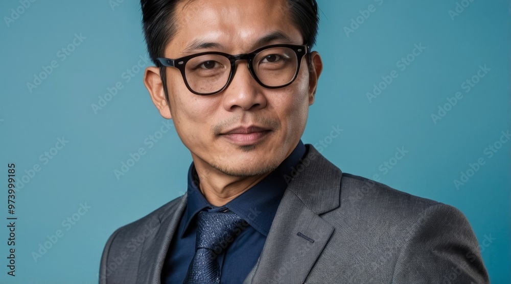 Successful asian businessman in suit and glasses