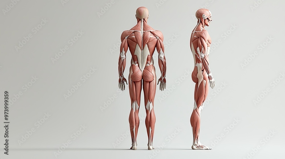 Detailed anatomical model showcasing human muscles from multiple angles, perfect for educational and artistic use.