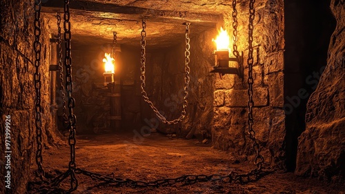 Dimly lit dungeon with chains and torches, creating an eerie atmosphere. Perfect for horror or medieval-themed projects. photo