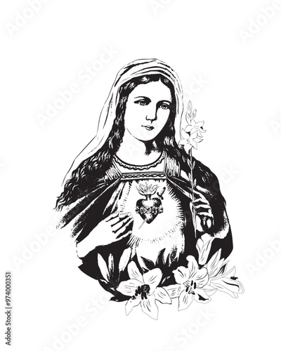 Immaculate heart of Mary Illustration Catholic religious Our Lady Vector