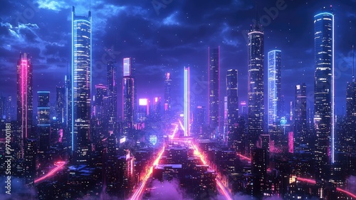 Wallpaper Mural Futuristic cityscape illuminated by vibrant neon lights, showcasing towering skyscrapers against a dramatic night sky. Torontodigital.ca