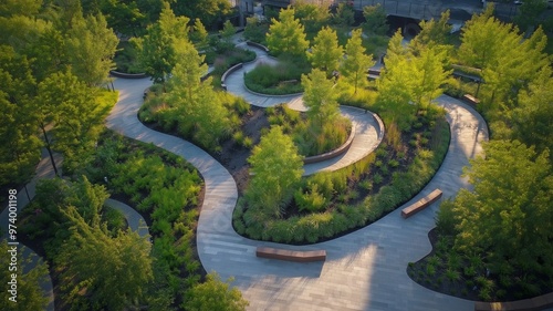 Designed to manage stormwater in an urban setting, this overhead image displays a green infrastructure project featuring permeable pavement and rain gardens.