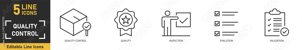 Quality Control line icon set. Set of 5 outline icons related to quality control, quality, inspection, evalution, validation and more. Vector illustration. Quality Control line icon set. Set of 5 outline icons related to quality control, quality, inspection, evalution, validation and more. Vector illustration.