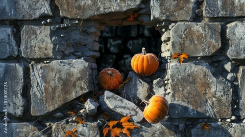 Pumpkins in a cracked stone wall with autumn leaves photo