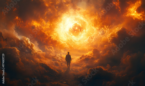 “A Man Walking Towards the Light in a Heavenly Divine Background, Symbolizing Spiritual Journey, Hope, and Enlightenment, Perfect for Themes of Faith, Afterlife, and Ascension in Religious and Inspira photo