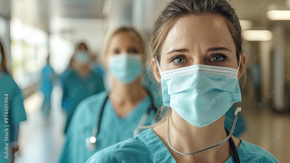 Healthcare professionals in masks demonstrate dedication and resilience in a hospital corridor, showcasing teamwork in medicine. Healthcare professionals in masks demonstrate dedication and resilience in a hospital corridor, showcasing teamwork in medicine.