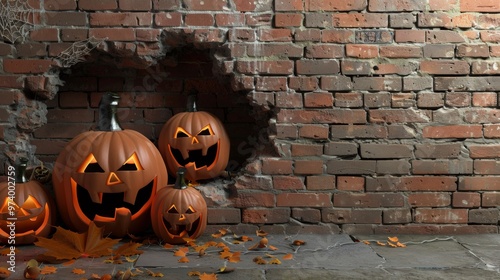 Pumpkins resting against a cracked brick wall with cobwebs photo