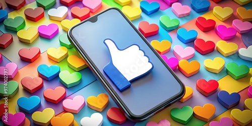 A thumbs-up icon on a smartphone screen surrounded by colorful hearts and stars, symbolizing social media approval and photo