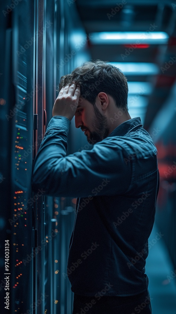 A view of a male technician who is not identifiable holding his head while addressing a server rack issue at a data center A view of a male technician who is not identifiable holding his head while addressing a server rack issue at a data center