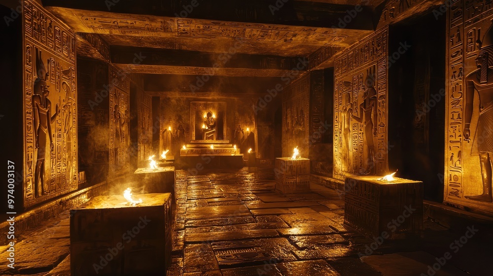 Mystical ancient temple illuminated by flickering flames, featuring intricate carvings on stone walls and a serene, mystical atmosphere.