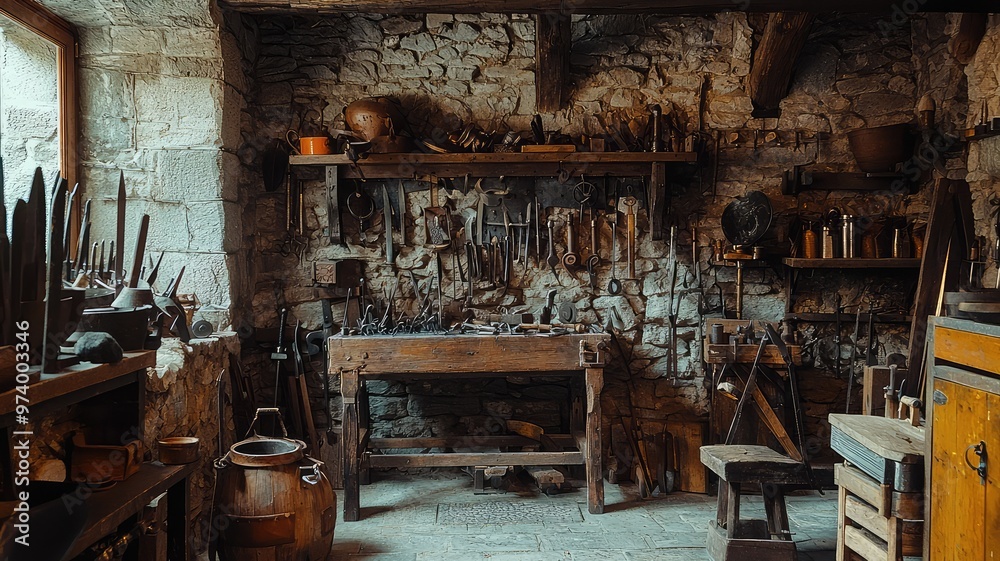 Rustic workshop filled with tools, wood, and stone walls, creating a cozy atmosphere for craftsmanship and creativity. Rustic workshop filled with tools, wood, and stone walls, creating a cozy atmosphere for craftsmanship and creativity.